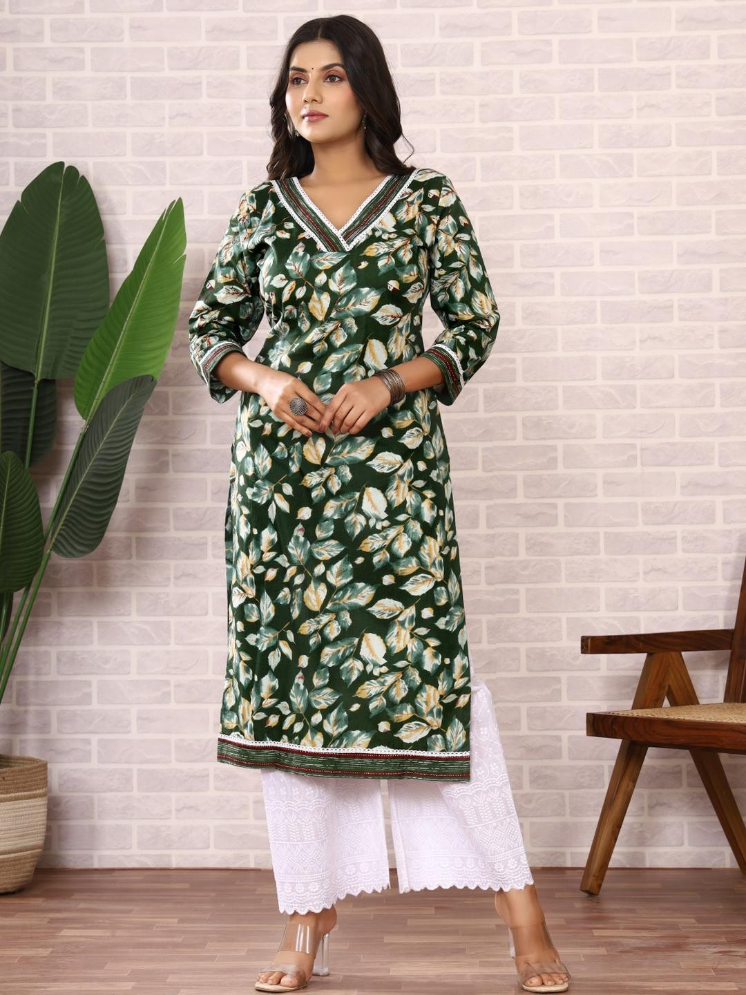 green cotton printed kurta fo women