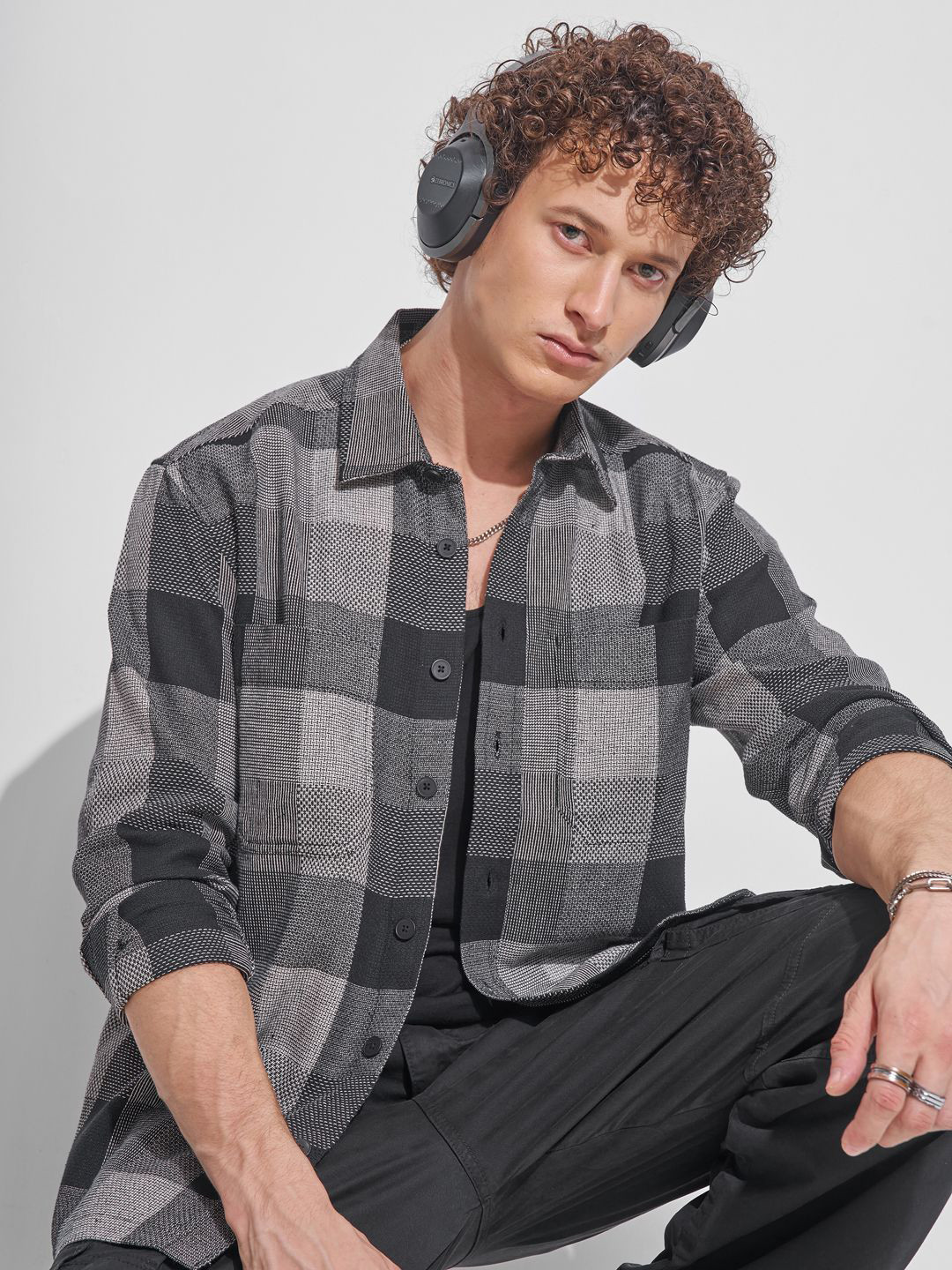 HIGHLANDER Oversized Fit Checked Textured Dobby Weave Cotton Casual Shirt