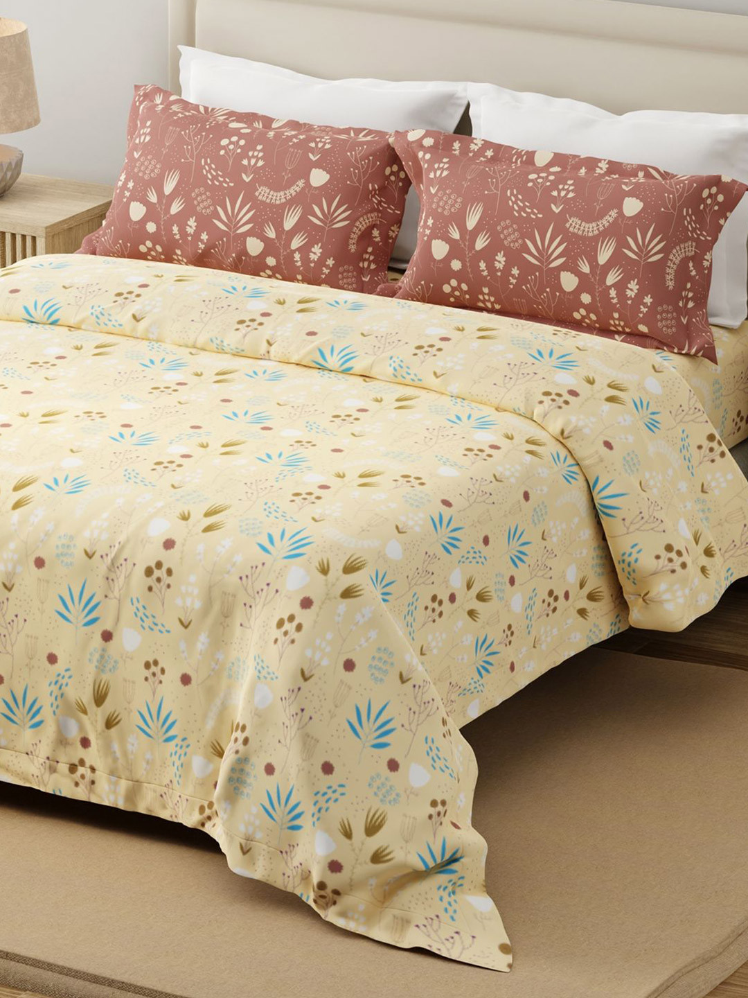 Layers Forever Yellow Floral Pure Cotton 120 TC Double King Bedsheet Set-2.74mx2.74m