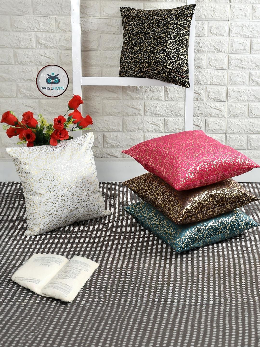 WISE HOME Set of 5 Pieces Multicolor Velvet Self Design Square Cushion Cover