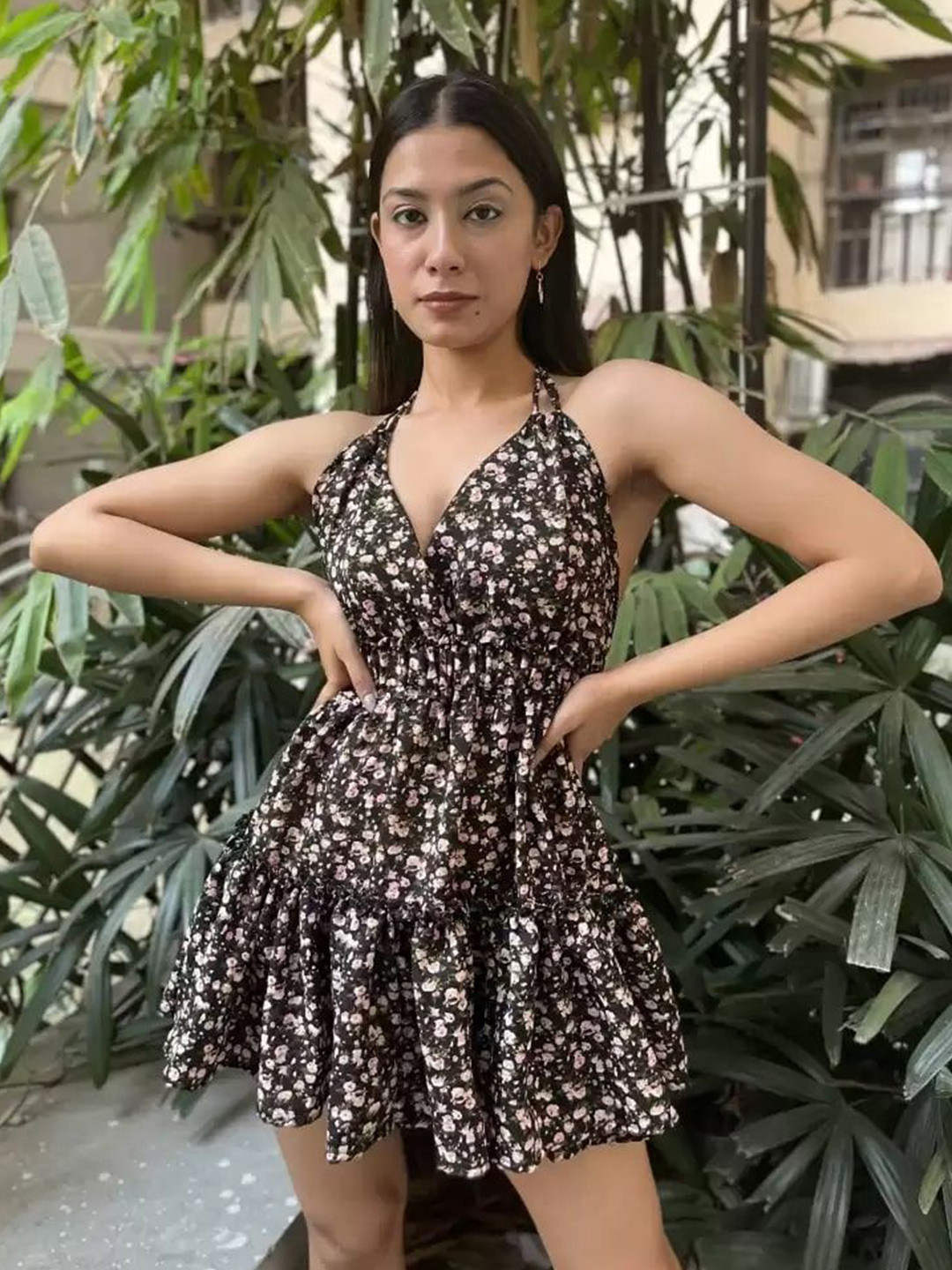 TANDUL Women Floral Printed Halter Neck Fit & Flare Mini Dress