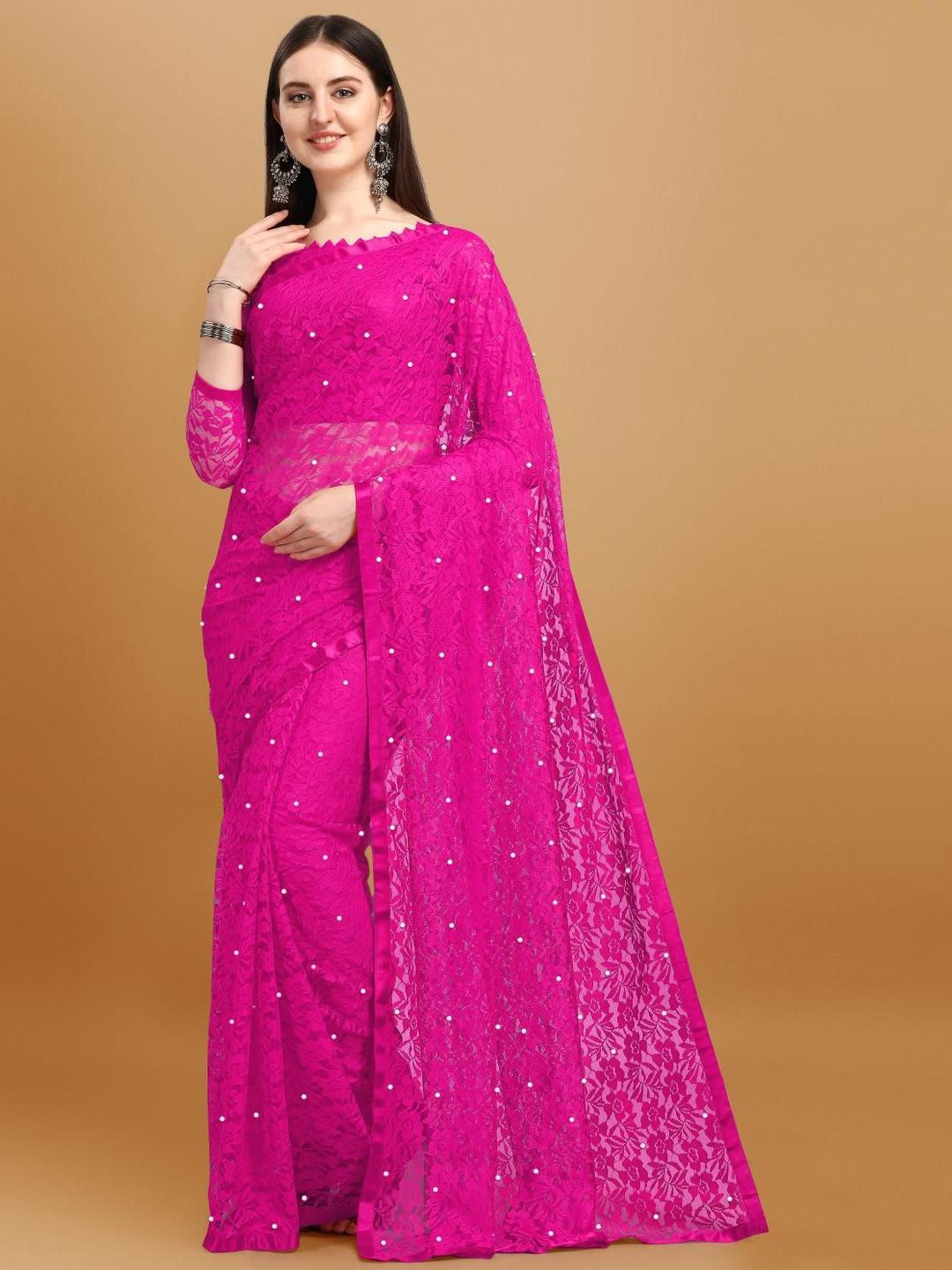 LOROFY Foral Embroidered Beads and Stones Net Saree