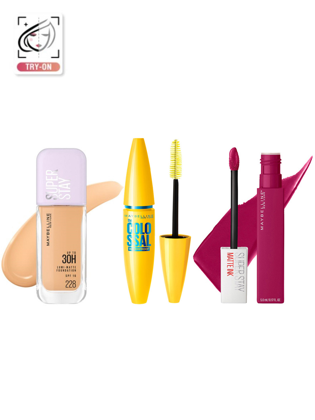 Maybelline Set of Lumi-Matte Foundation + Colossal Mascara + Super Stay Matte Ink Lipstick