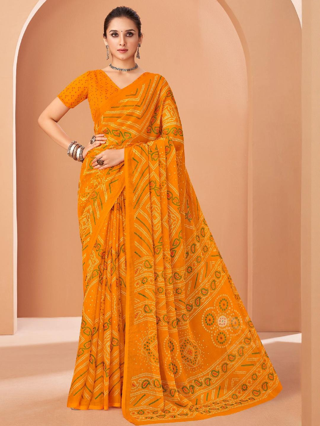 KALINI Yellow Bandhani Printed Zari Bandhani Saree