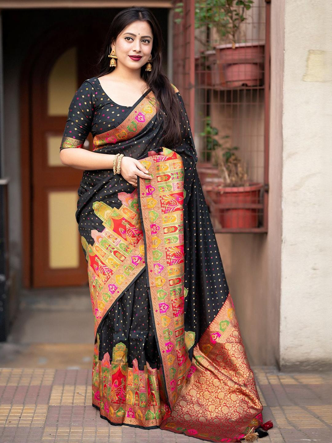 KALINI Woven Design Zari Kashmiri Style Saree with Unstitched Blouse Piece