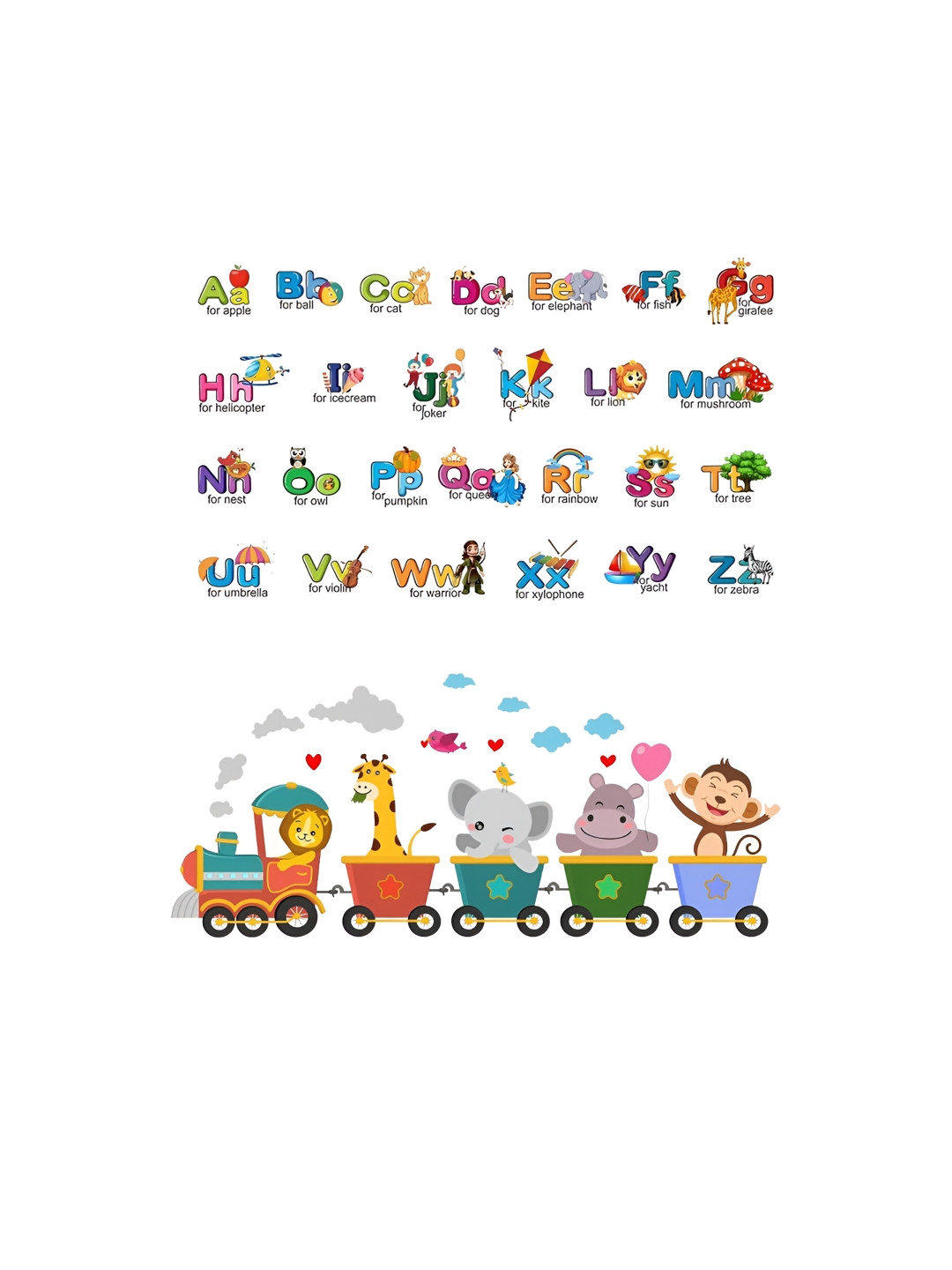 prettykrafts 2Pcs Yellow & Green Animals On Train & Alphabet Wall Stickers