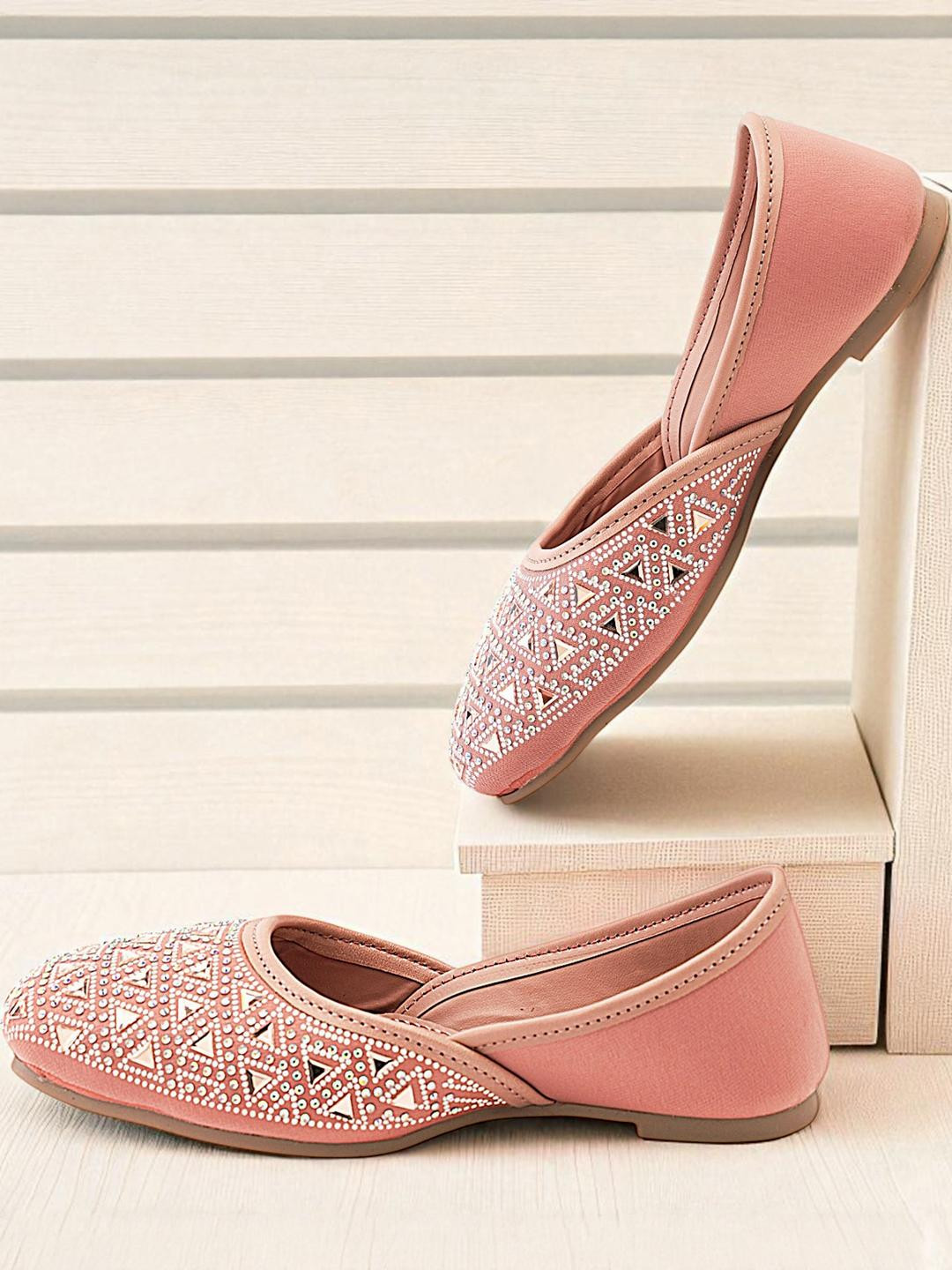 Freeplay Girls Pink Synthetic Leather Slip On Embellished Square Toe Mojaris