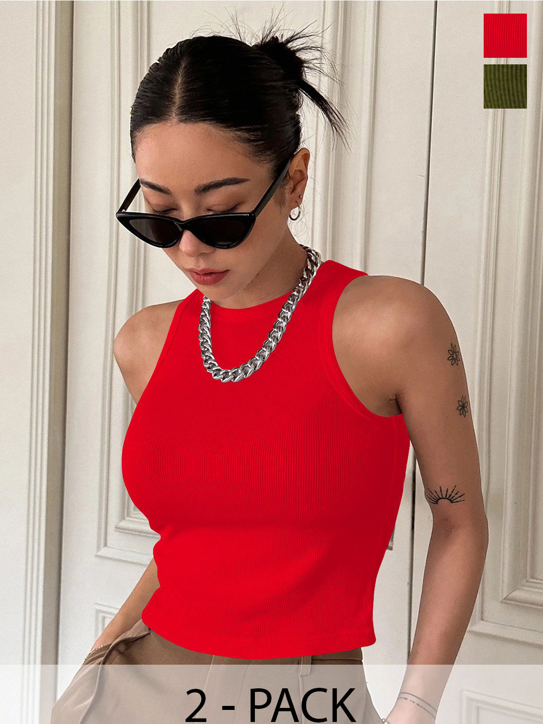 TOOCHKI Women Pack Of 2 Robbed Round Neck Shoulder Straps Tank Crop Top