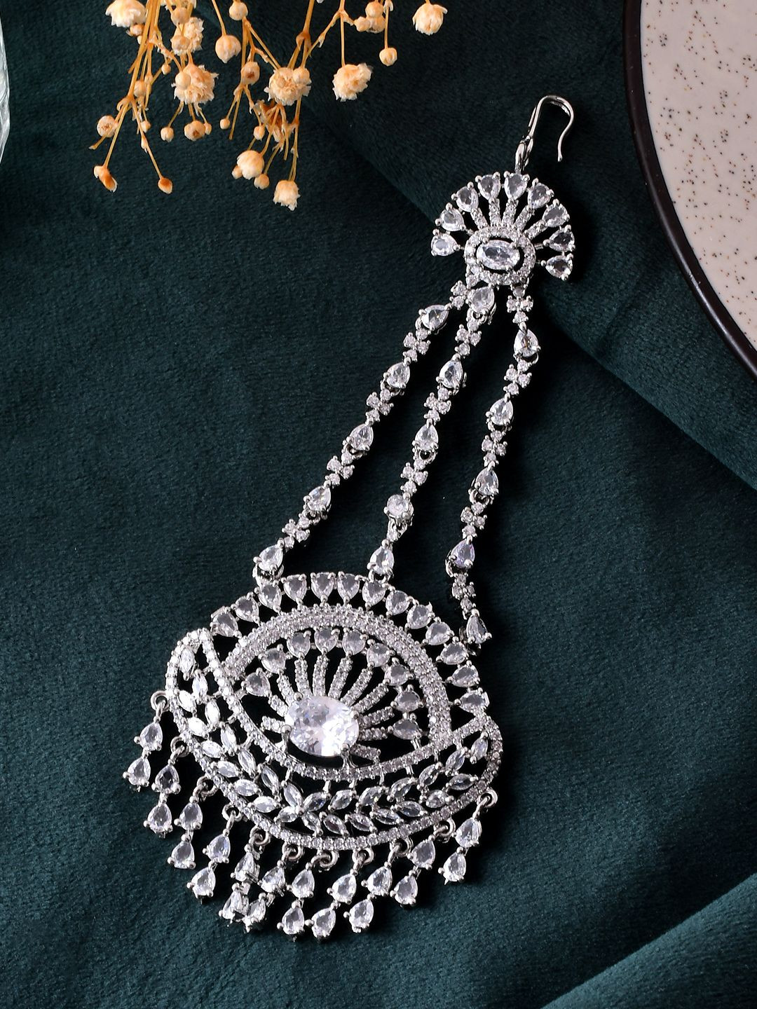 Silvermerc Designs Silver-Plated American Diamond Studded Bridal Paasa Maang Tikka