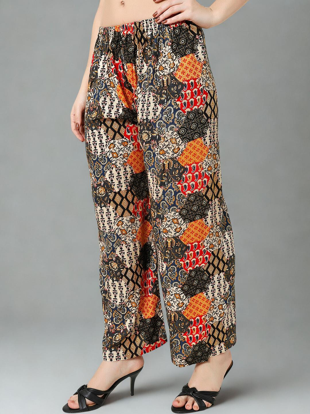 Mytrendzs Women Multicolor Reyon Black Printed Flared Palazzo with Elastic Waistband