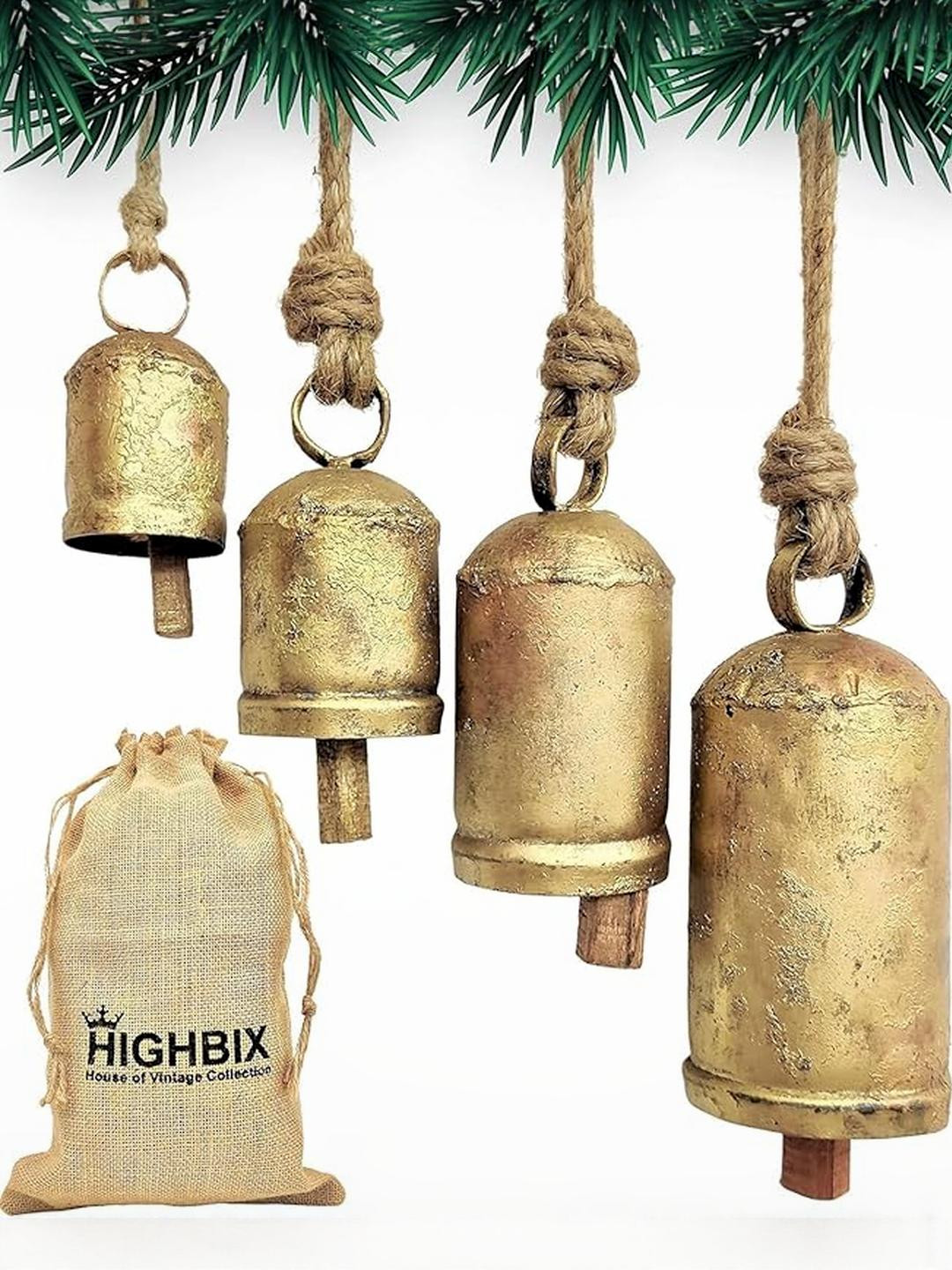 Rustic Christmas Set of 4 Hanging Bells  Handmade Iron Bell Set on Jute Rope  Vintage