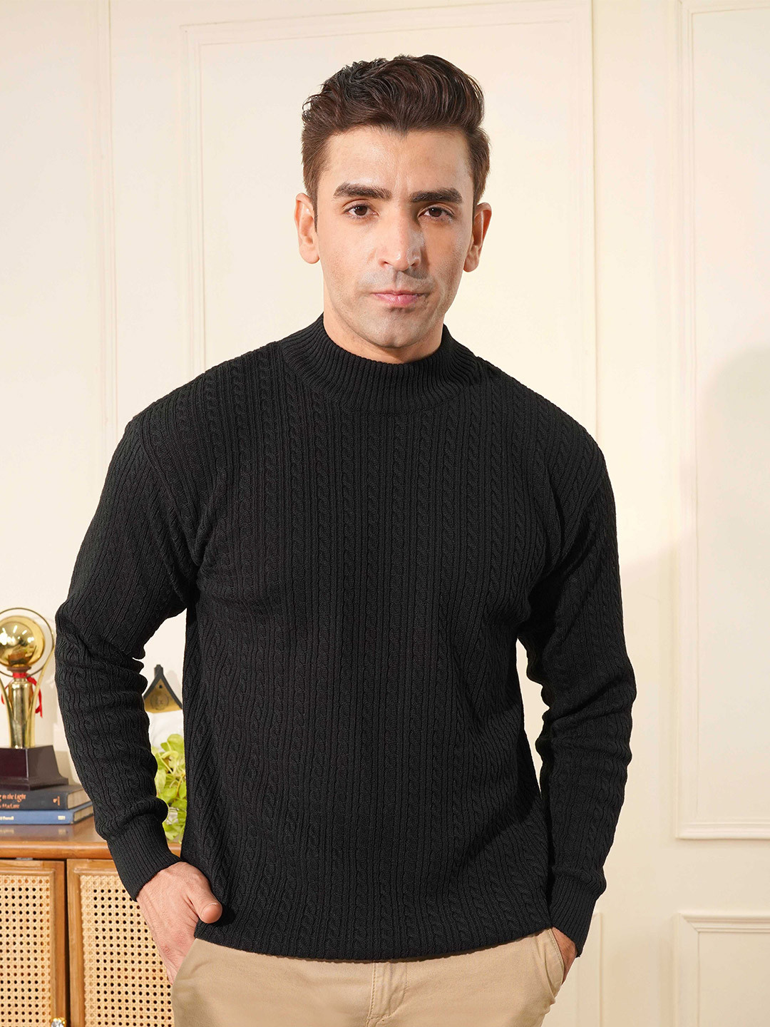 KVETOO Men Cable Knit Ribbed High Neck Pullover Sweater