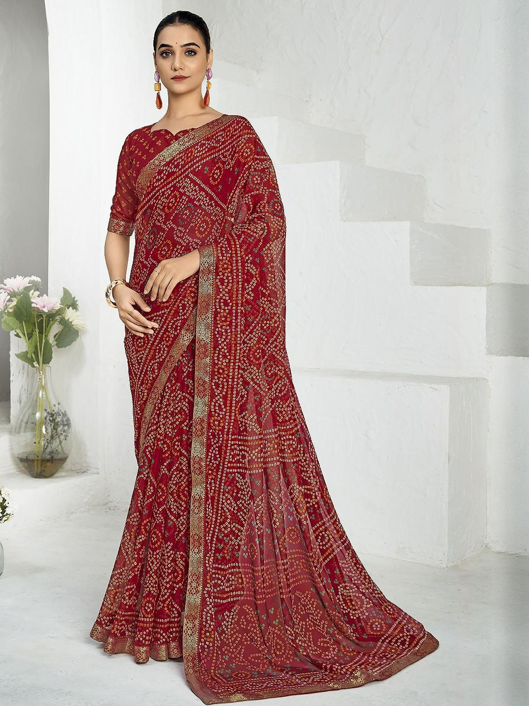 KALINI Embroidered Bandhani Printed Saree With Attached Lace & Matching Blouse Piece