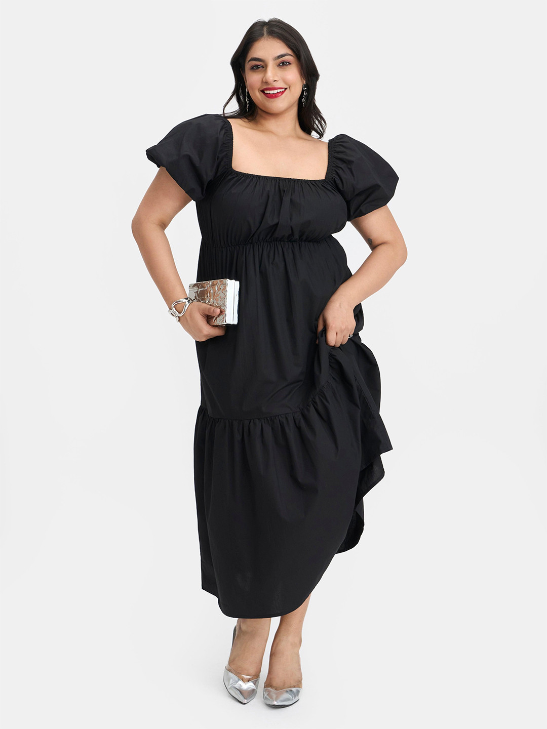 Virgio Plus Size  Women Puff Sleeves Tiered Smocked Detail Empire Maxi Dress
