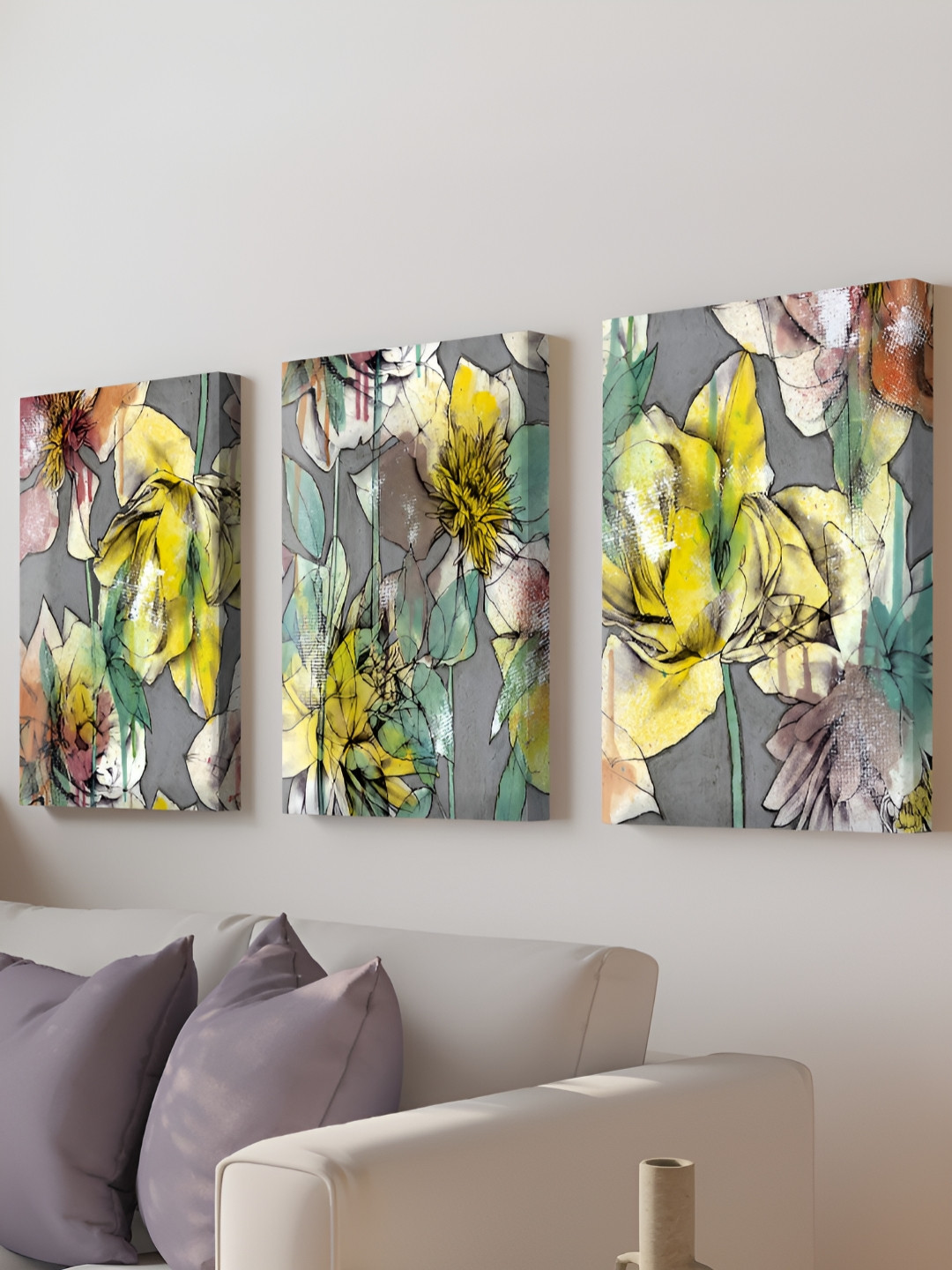 Myntra Elegant Homes Watercolour Yellow Flower Canvas Painting Abstract 3 Pcs Wall Art