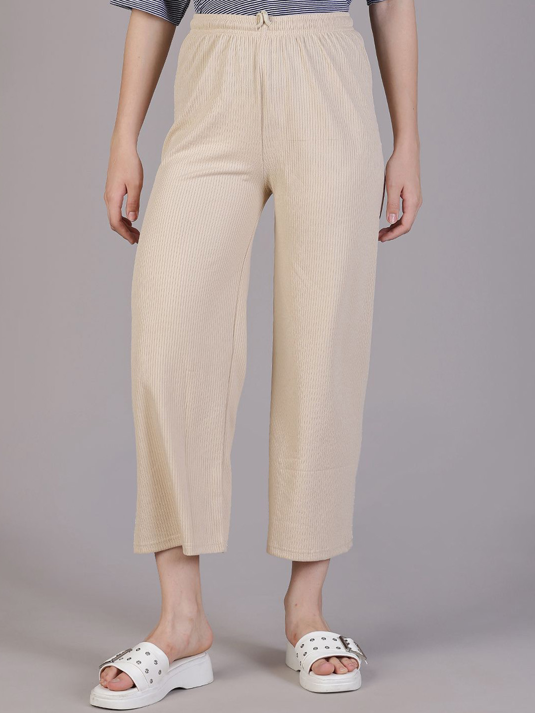 V-Mart Women Ribbed Regular Fit High-Rsie Trousers