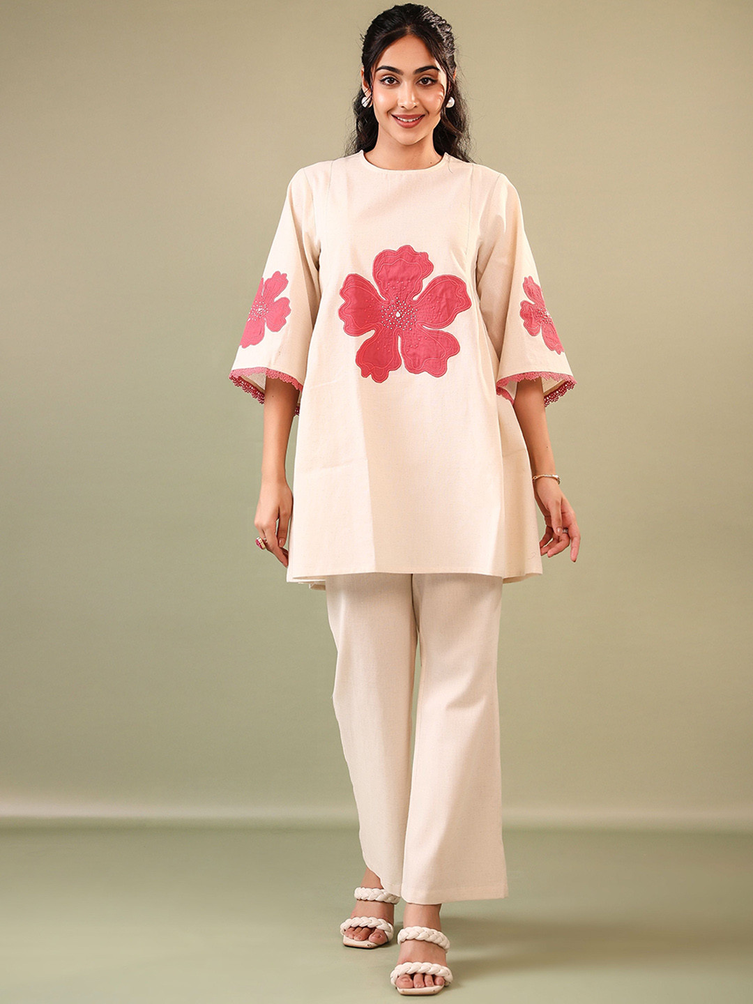 CUSTARD Embroidered Pure Cotton Round Neck Tunic With Trousers Co-Ords