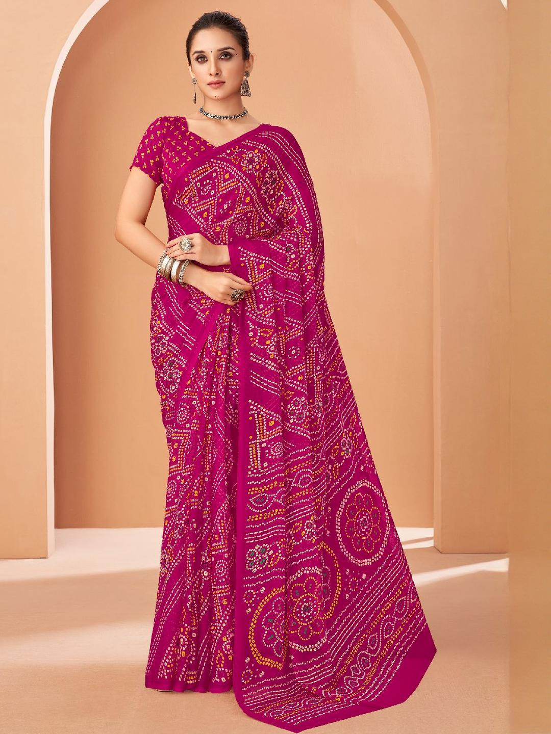 KALINI Magenta Bandhani Printed Saree With Attached Lace & Matching Blouse Piece
