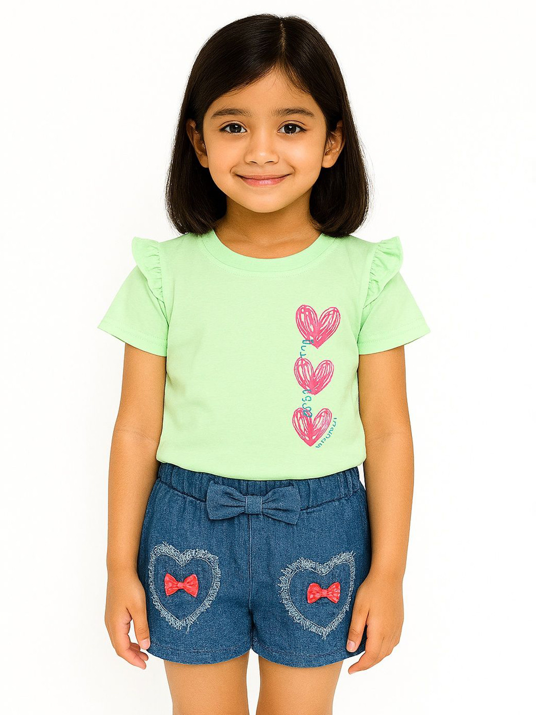 POP STREET KIDS RuffleSleeve Tee & HeartPocket Girls Printed Top with Shorts