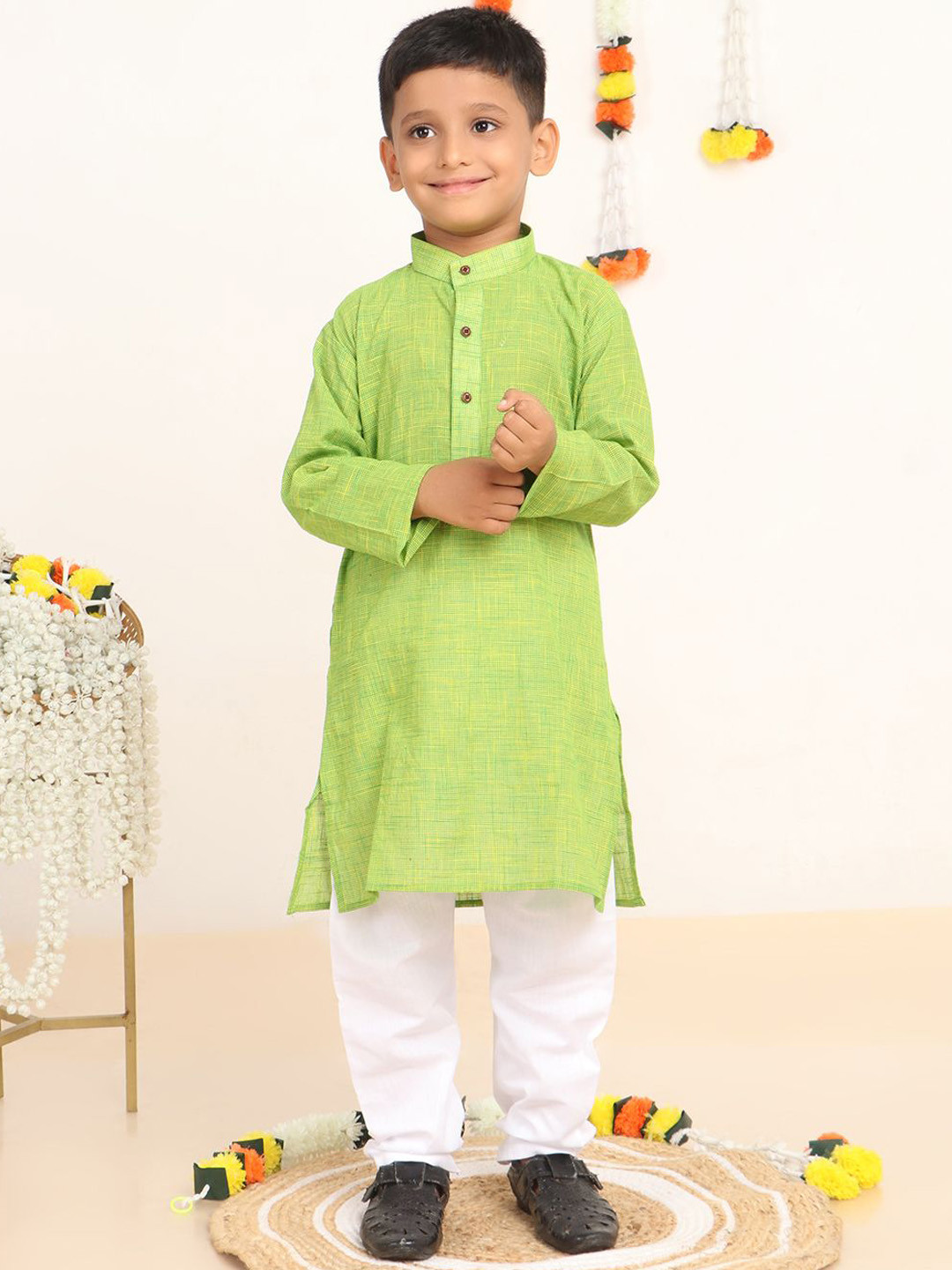 Baba & Baby Boys Band Collar Pure Cotton Straight Kurta With Pyjamas