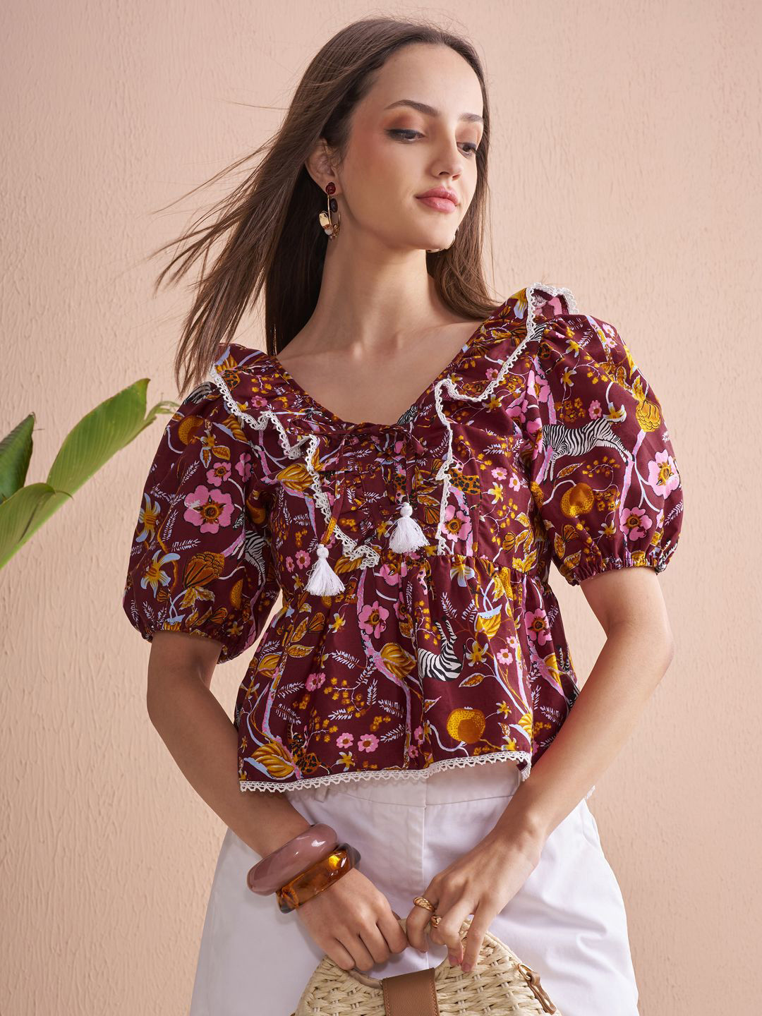 Vishudh Women Floral Printed Ruffled Lace Puff Sleeve Cotton Top