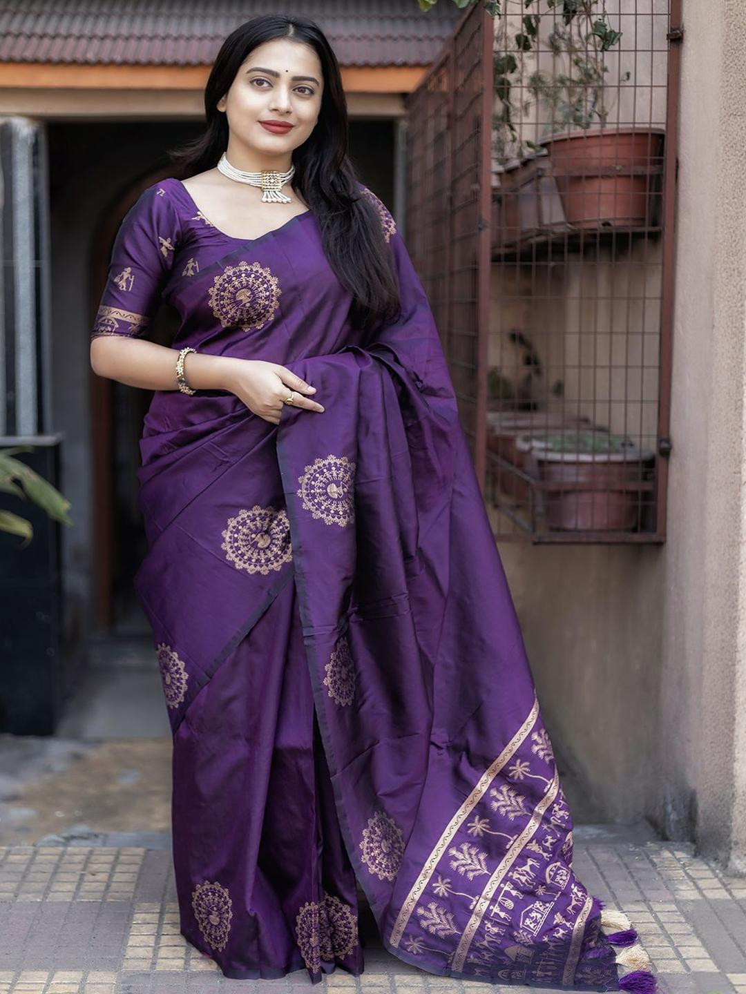 KALINI Purple Soft Silk Saree With Unstitched Blouse Piece