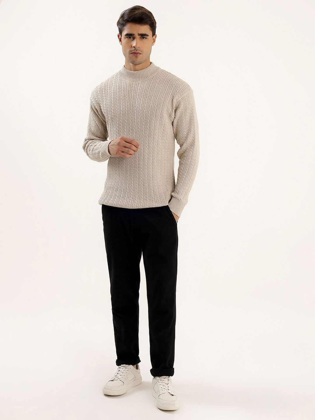 Kveto style redefined Self Design Mock Collar Cable Acrylic Knit Pullover