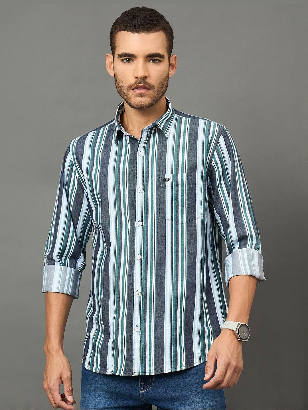 THE BEETEL HOUSE Standard Slim Fit Spread Collar Striped Cotton Shirt