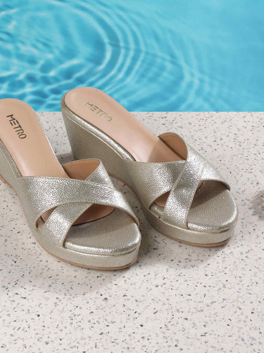 Metro Women Peep Toe Metallic Wedge Heel Sandals