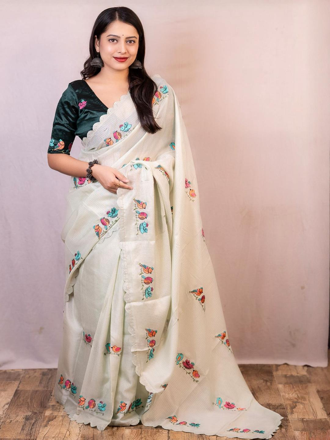 KALINI Embroidery Work Soft Kota Saree With Unstitched Blouse Piece