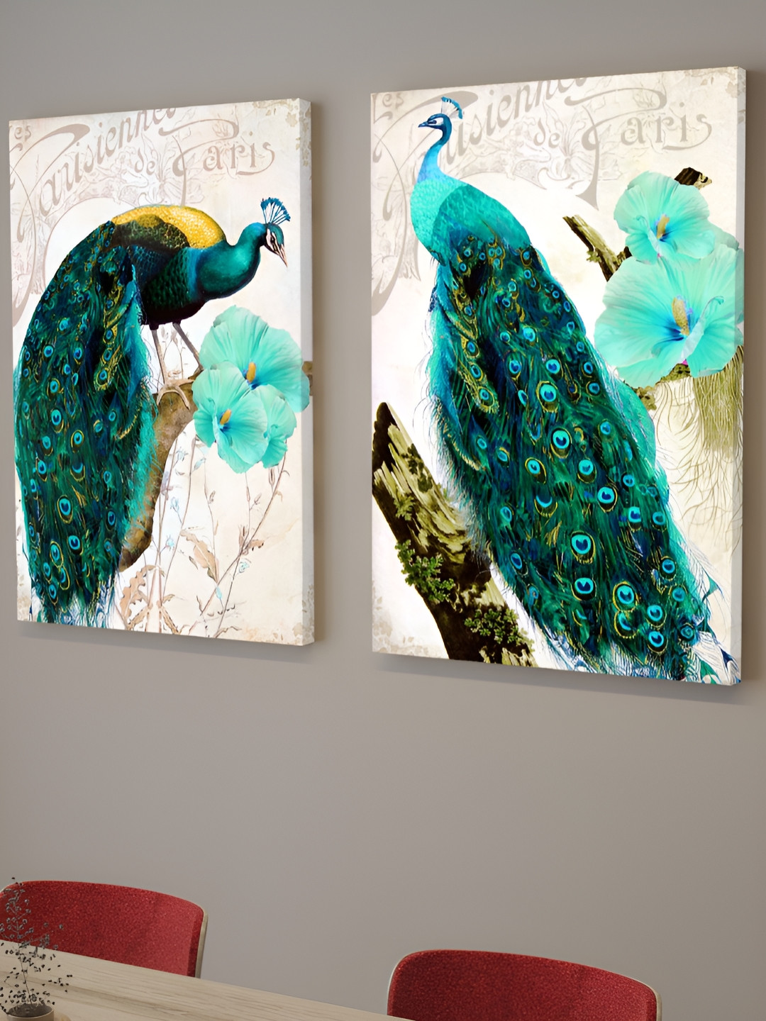 Myntra Elegant Homes Beautiful Peacock Print Stretched Canvas 2-Piece Wall Art