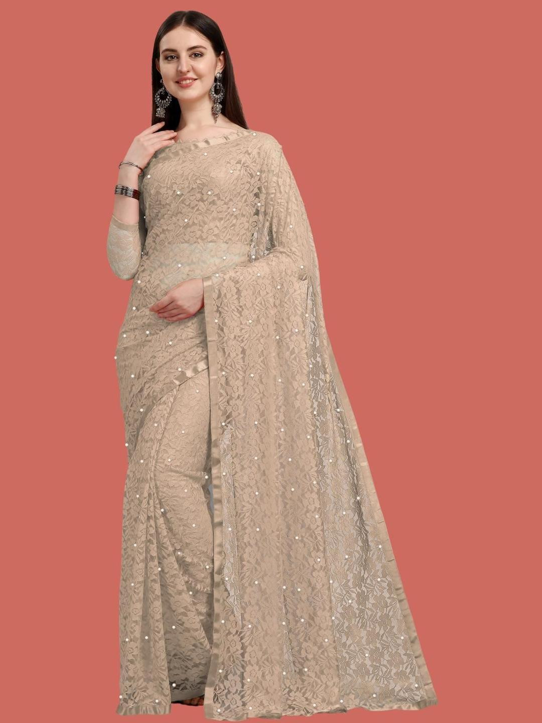 LOROFY Floral Embroidered Net Bead Work Net Saree