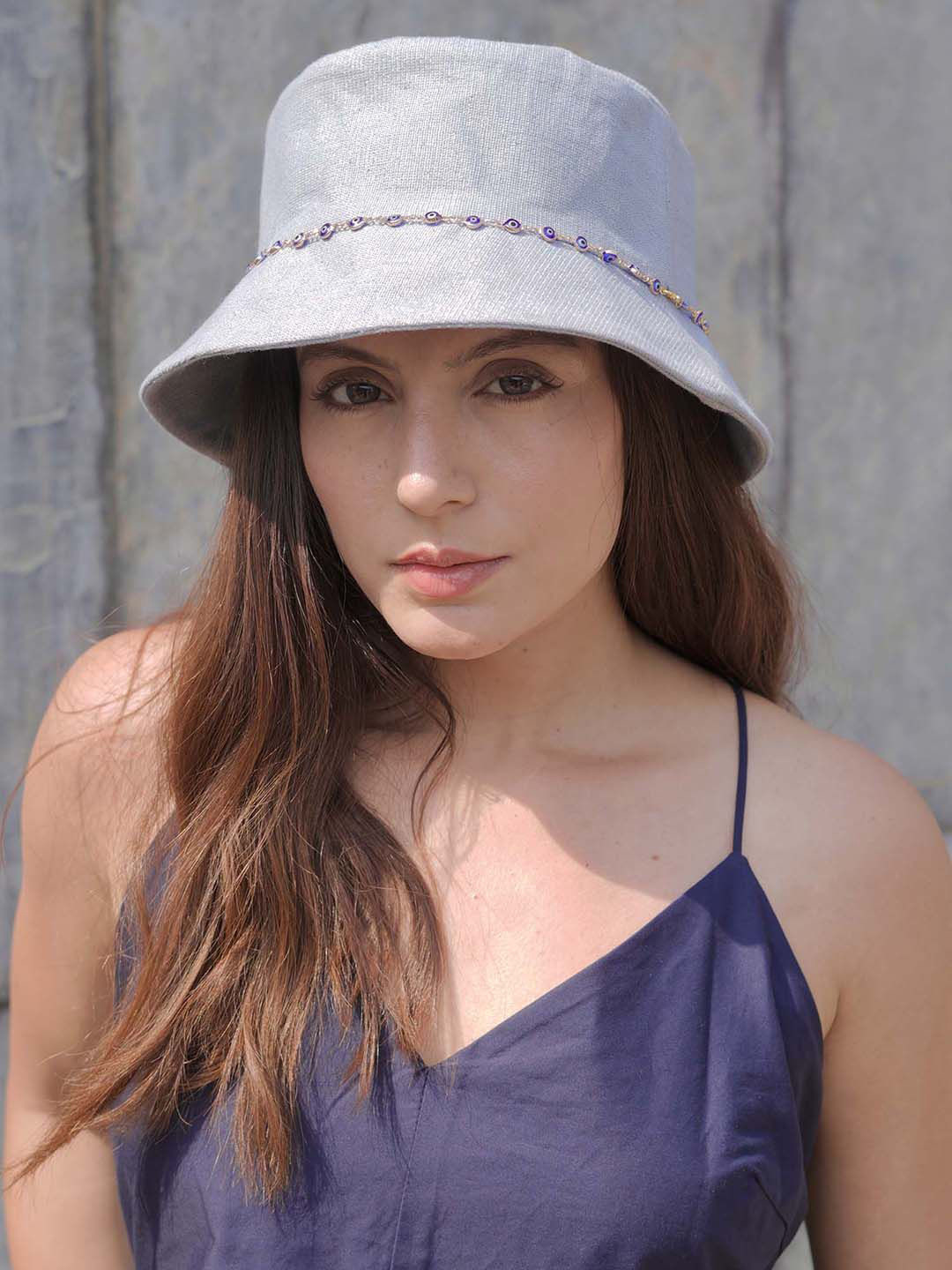 Hair Drama Co. Women Cotton Beach Floppy Bucket Hat with Evil Eye Charms Blue