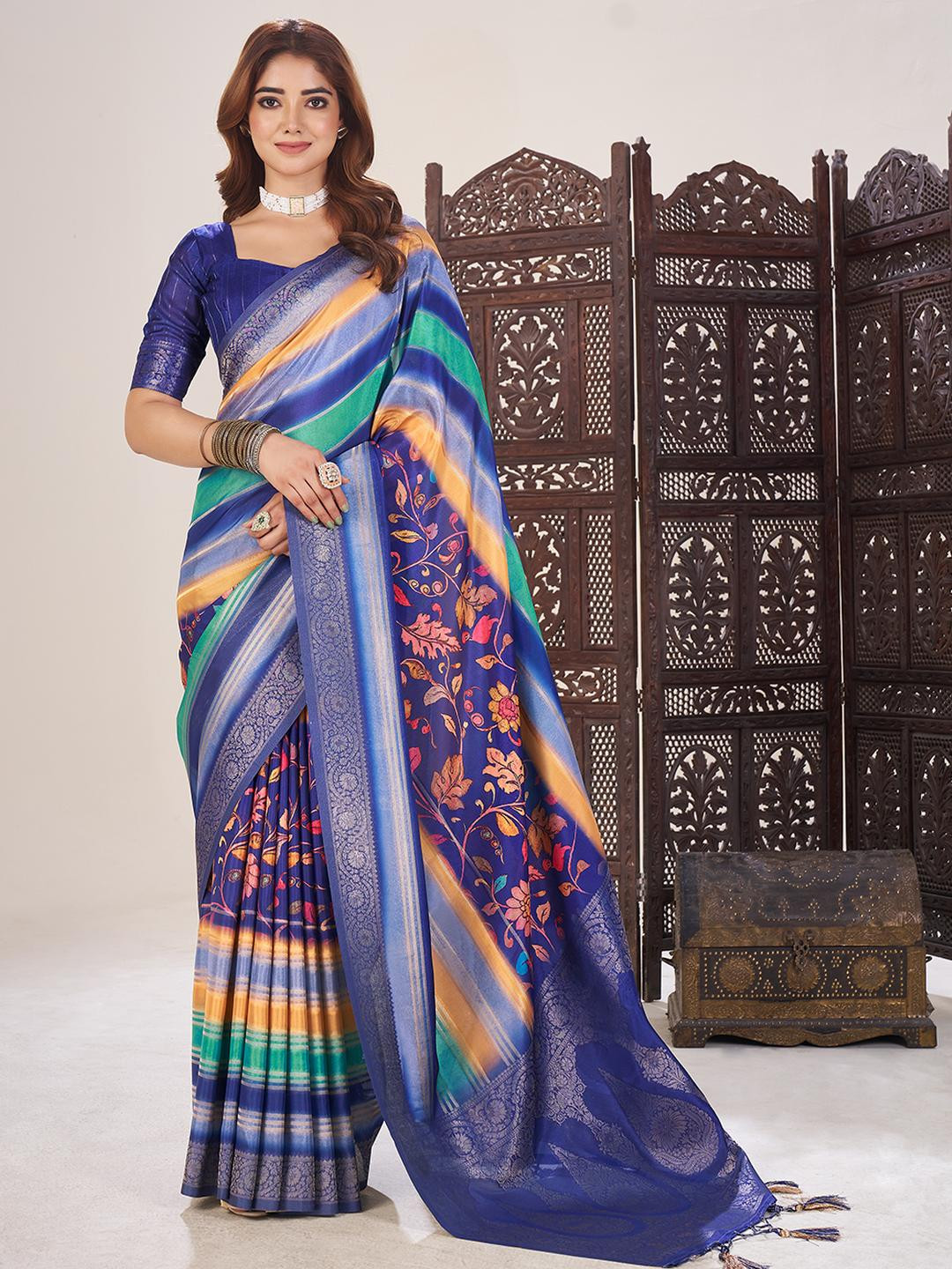 Tasrika Navy Blue Silk Blend Striped Floral Digital Printed Saree With Woven Saree