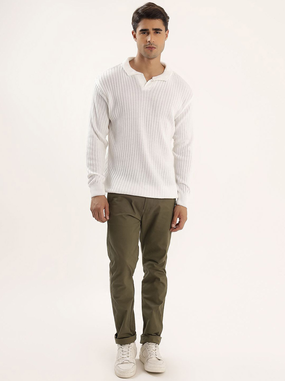 Kveto Style Redefined Men Shirt Collar Self Design  Ribbed Sweater