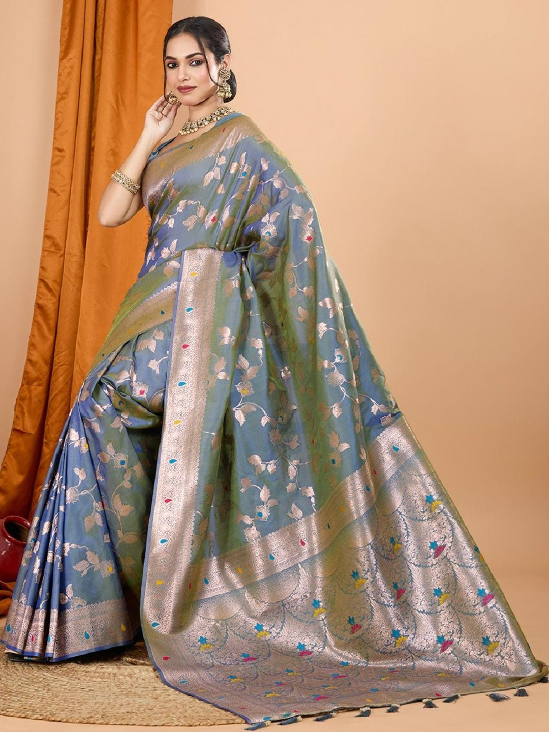 DWIJA FASHION Woven Design Zari Banarasi Silk Saree With Unstitched Blouse
