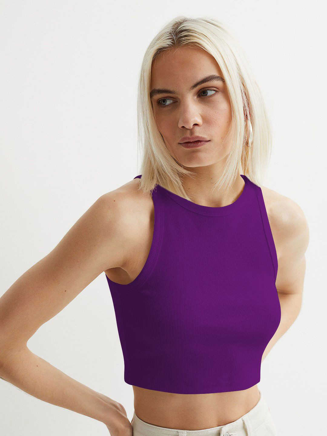 KERI PERRY Women Ribbed Round Neck Tank Crop Top