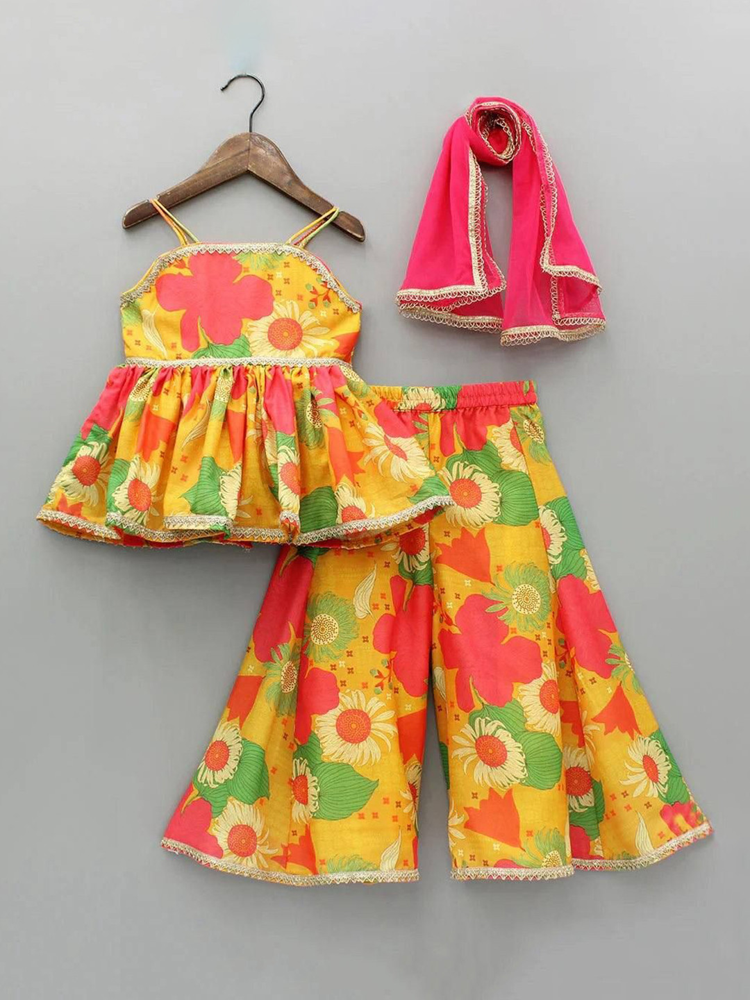 SHAHUDI DESIGNER Girls Floral Printed Shoulder Straps Top With Palazzos & Dupatta