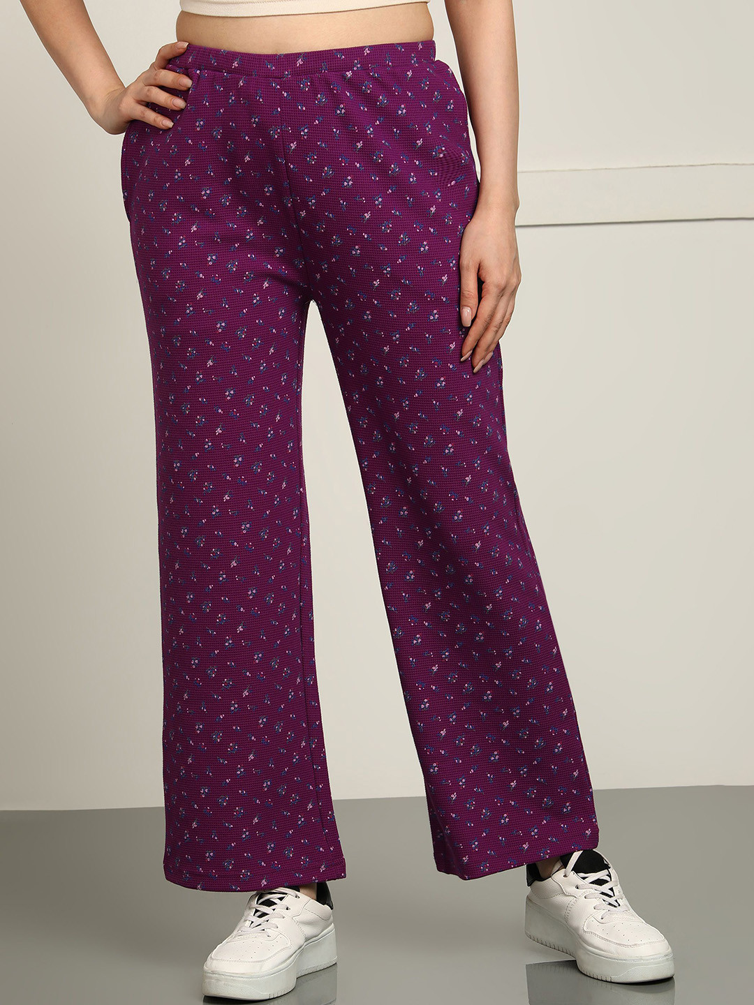 Alan Jones Women Small Floral Print Stretchable Waffle Cotton Pants