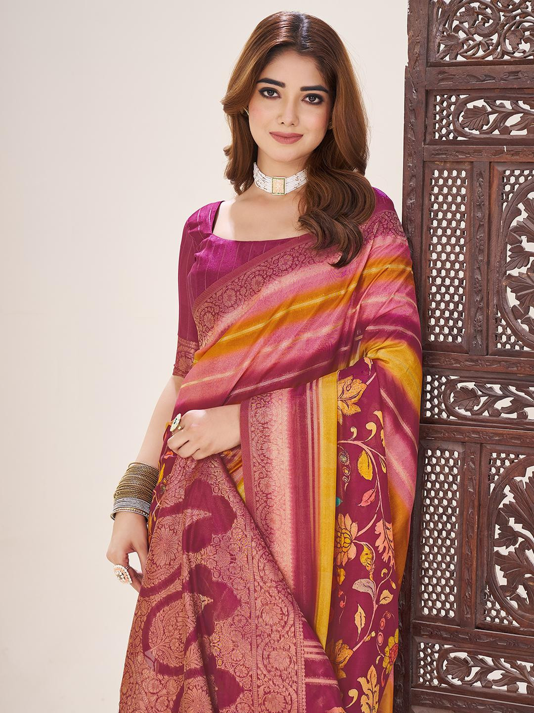 Tasrika Pink Silk Blend Striped Floral Digital Printed Saree With Woven Saree