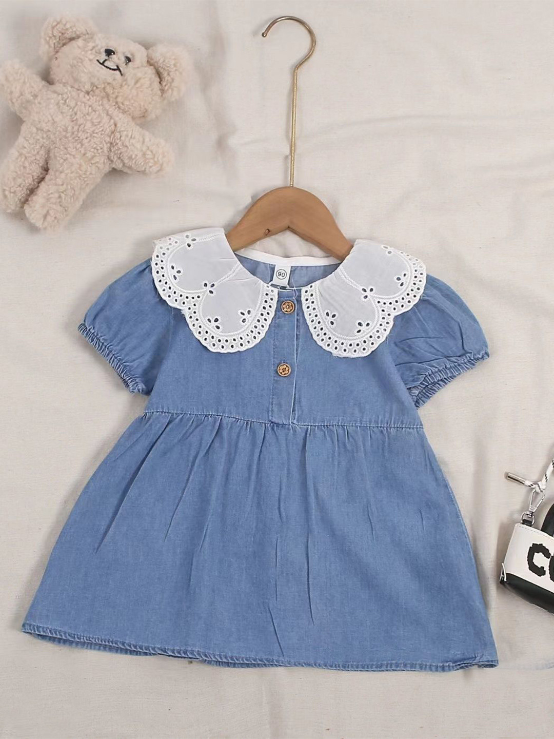 POP STREET KIDS Girls Peter Pan Collar Puff Sleeve Fit & Flare Denim Mini Dress