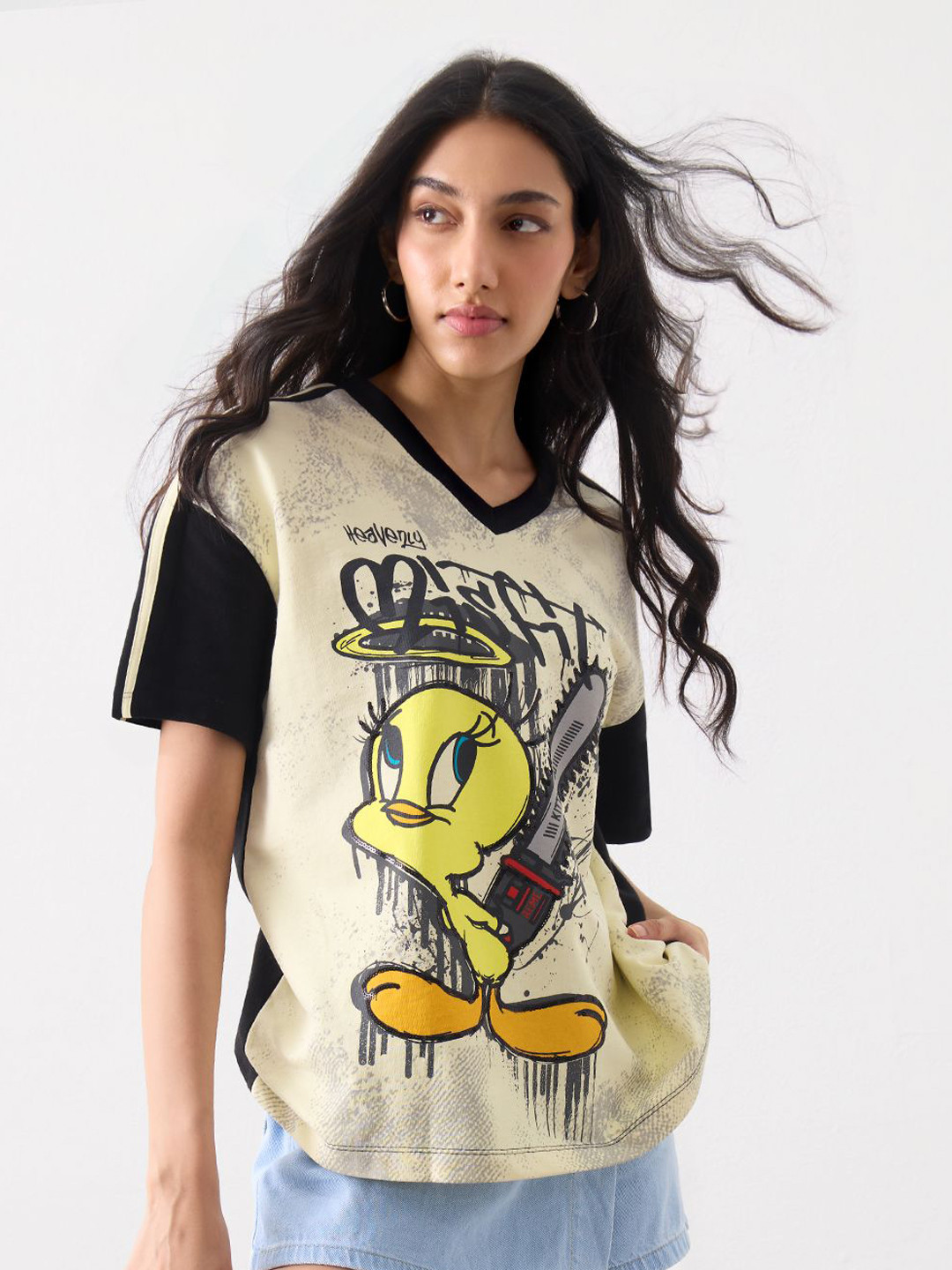 The Souled Store Looney Tunes Heavenly Misfit Printed V-Neck Oversized Pure Cotton T-shirt