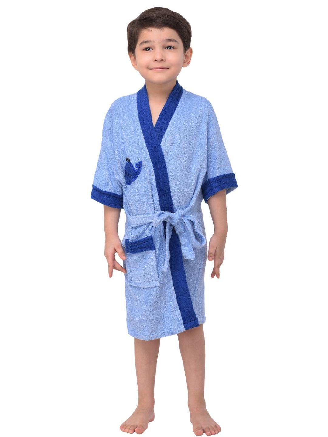 COMFORTLOOMS Kids Blue Cotton Tie-Up Bath Robe