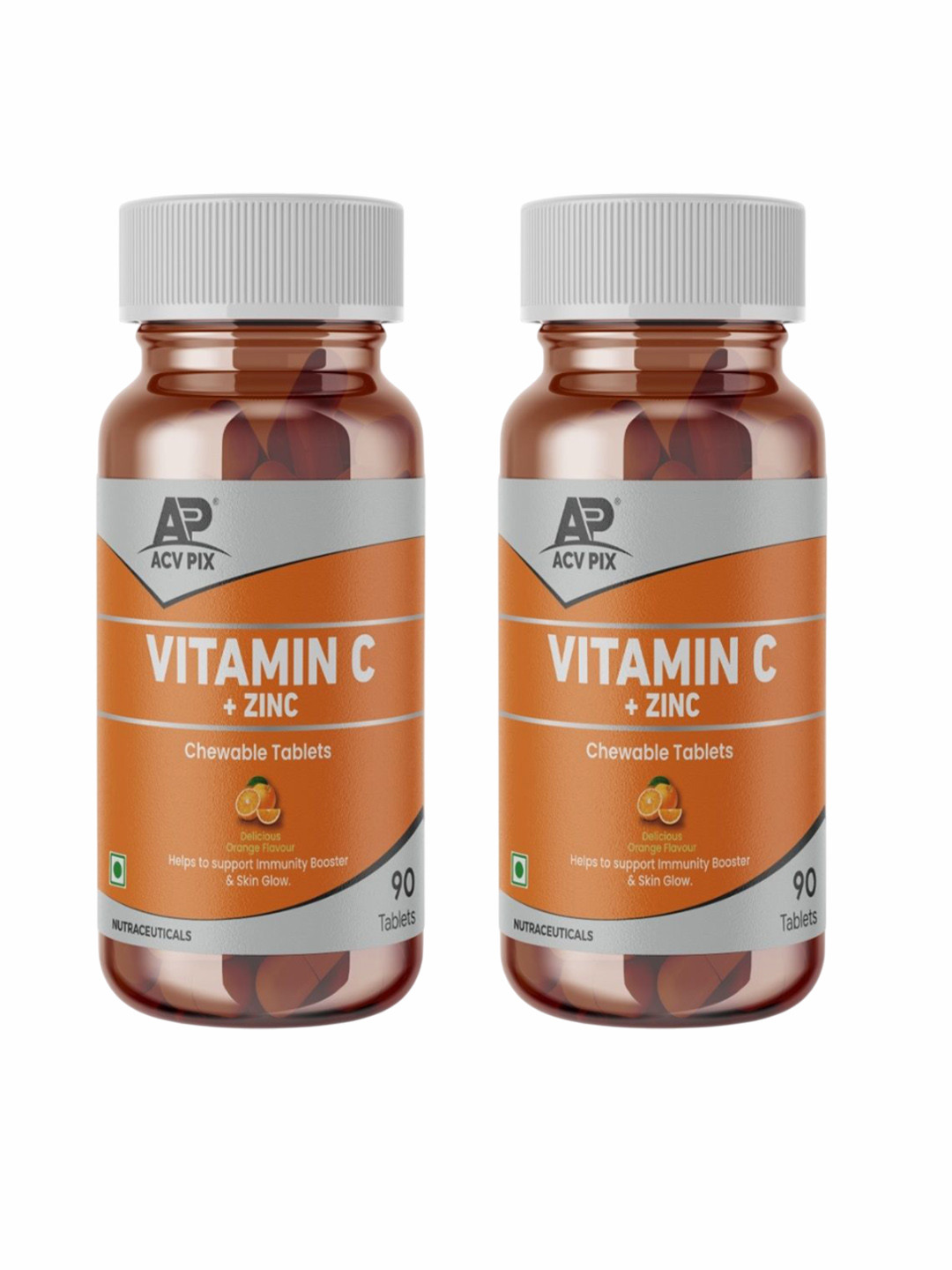 ACV-PIX Set Of 2 Vitamin C With Zinc Chewable Tablets- 90 Tablets Each- Orange Flavour