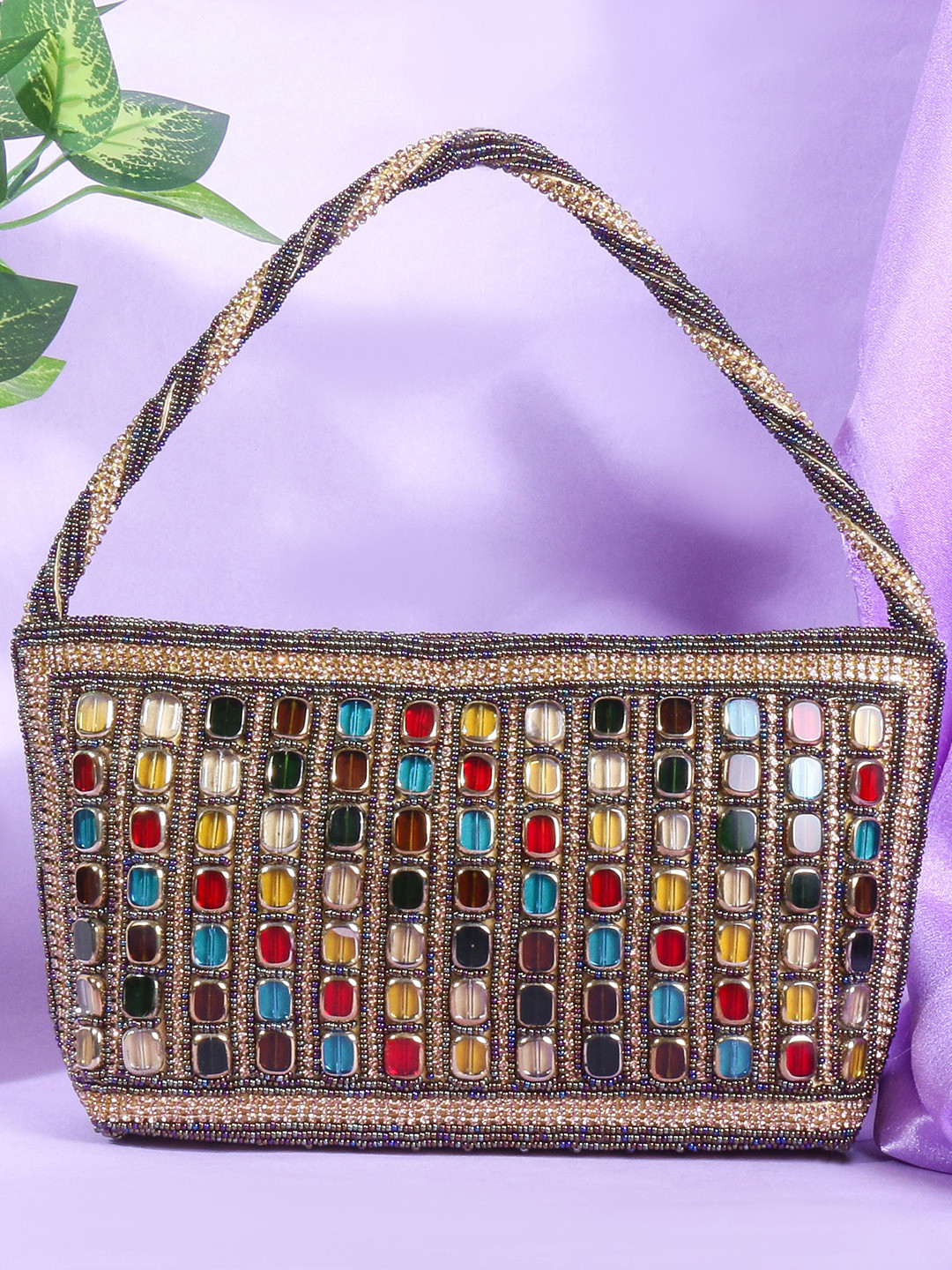 MISHA Talia Mosaic Jute Embellished Purse Clutch