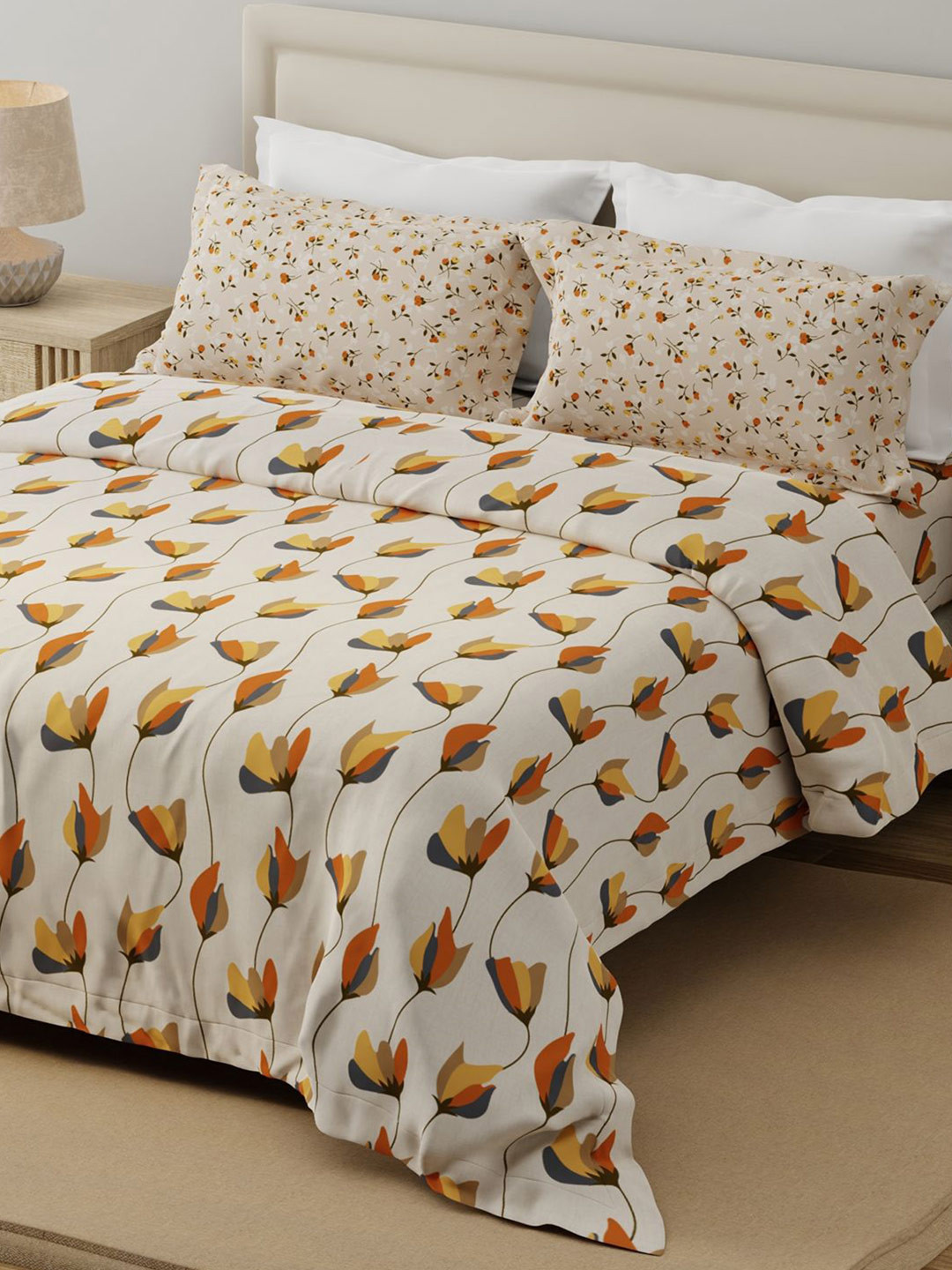 Layers Grey Floral 120 TC Queen Pure Cotton Bedsheet with 2 Pillow Covers