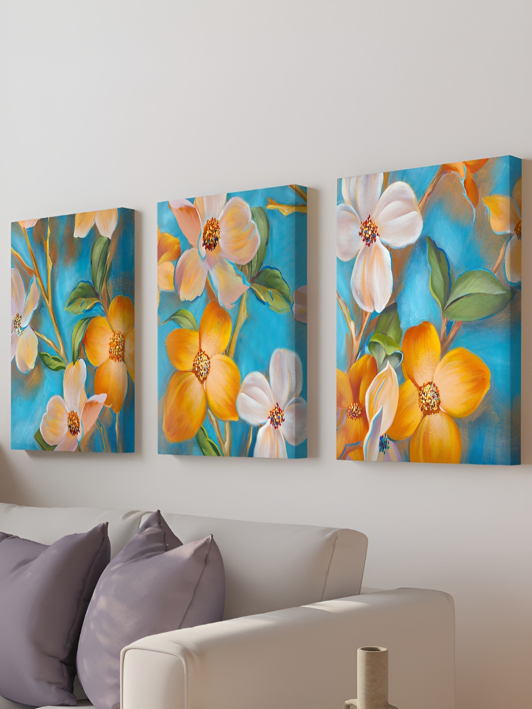 Livin'luxe Orange-White Blossom Apricot Floral Landscape 3-Frame Painting Wall Art