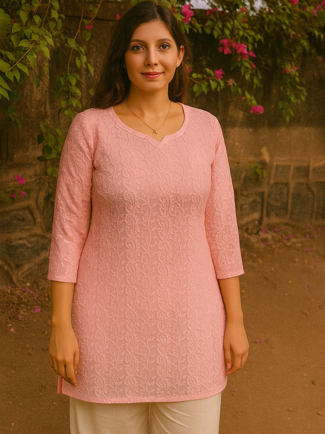 Vama Heritage Floral Embroidered Notch Neck Chikankari Georgette Short Kurti