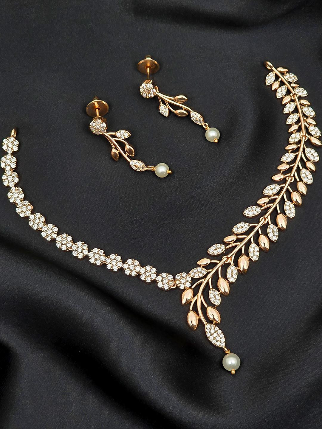 Rose Gold Crystal Leaf Necklace and Earrings Set