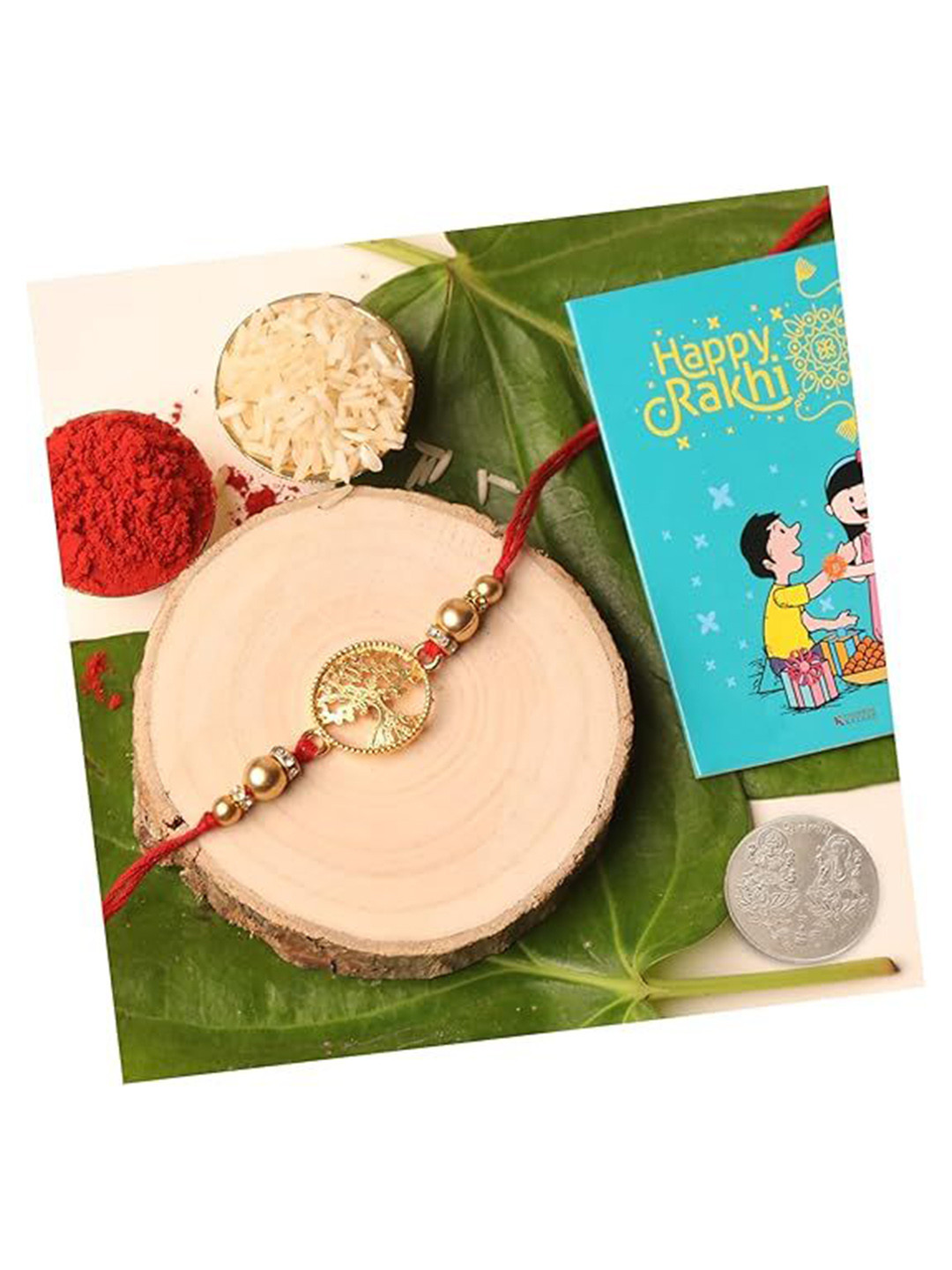 Kaameri Bazaar Beaded Thread Rakhi With Pooja Coin Greeting Card & Roli Chawal